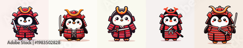 cute penguin vector wearing samurai armor