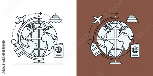 travel and tourism icons set with globe and transportation vector illustration