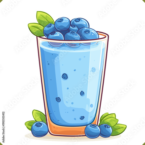Vector illustration of blueberry smoothie in tall glass with fresh berries, refreshing summer drink isolated on a white background