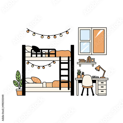 Cozy Modern Bedroom Interior with Bunk Bed and Desk Illustration
