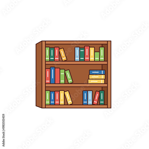 Wooden bookcase with colorful books on shelves