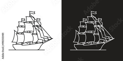 sailing ship line art vector illustration for travel and adventure themes