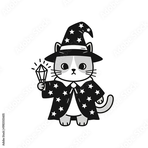 Cute Wizard Cat Illustration with Starry Hat and Crystal