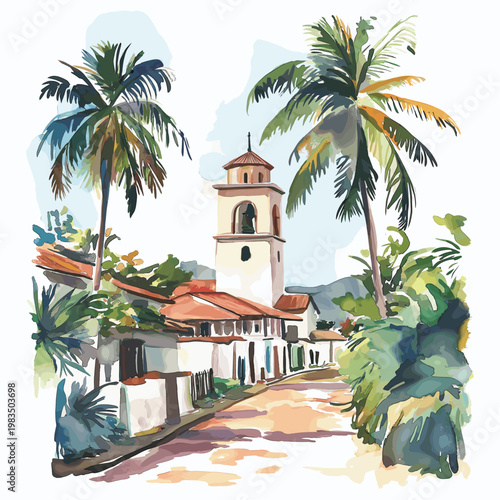 Malabo. Malabo hand drawn watercolor illustration on white background