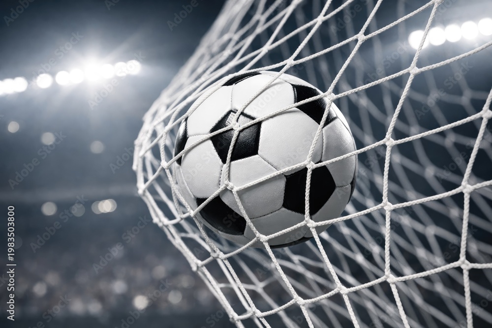 Fototapeta premium Black and white soccer ball hitting the white mesh netting of a goal during a night match in a stadium with bright floodlights