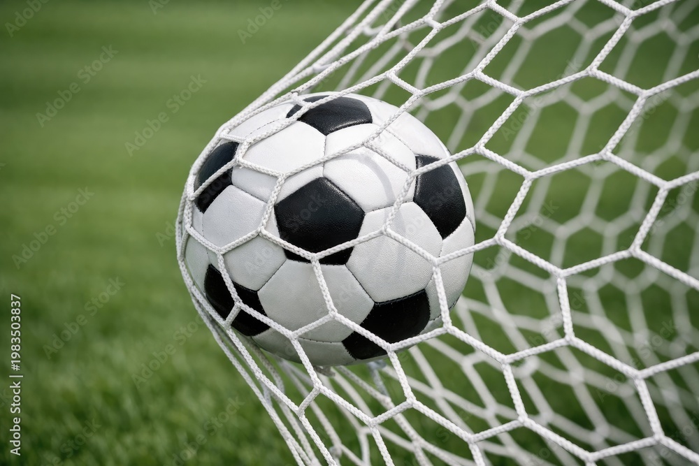 Fototapeta premium Black and white soccer ball hitting the white mesh netting of a goal on a blurred green grass field during a match