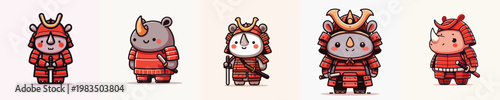 cute rhino vector wearing samurai armor