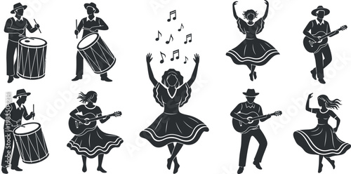 Vintage black silhouette illustrations of latin american musicians and dancers isolated on transparent background showcasing cultural heritage