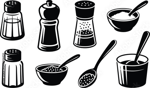 Black and white illustration of salt pepper and spice containers