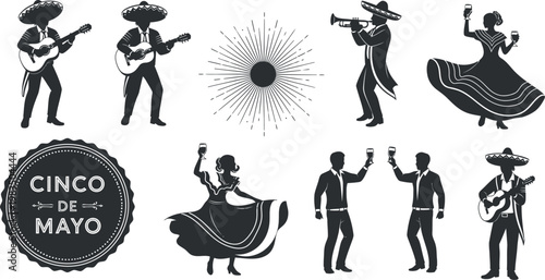 Cinco de mayo celebration illustration featuring musicians dancers and festive elements isolated on transparent background
