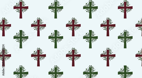 Repeated pattern of burgundy and green crosses adorned with foliage on light blue