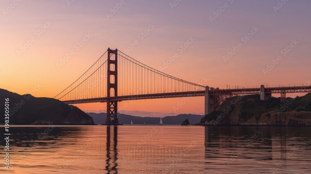 Fototapeta premium Golden Gate Bridge at sunset with calm waters reflecting its silhouette