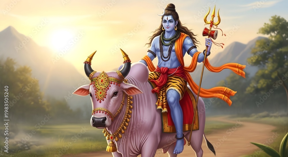 Fototapeta premium Depiction of shiva riding a majestic bull in a serene natural landscape at sunset