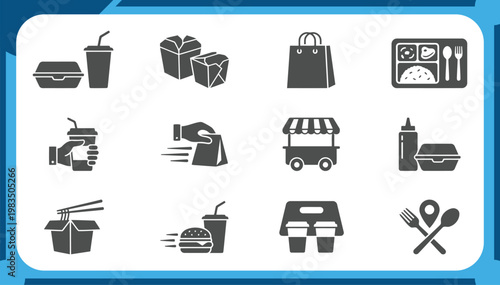 Large Collection of Food Delivery Icons Featuring Fast Food Takeaway, Noodle Box, Burger Combo, Lunch Bento Box and Restaurant Service Graphic Elements Vector Set
