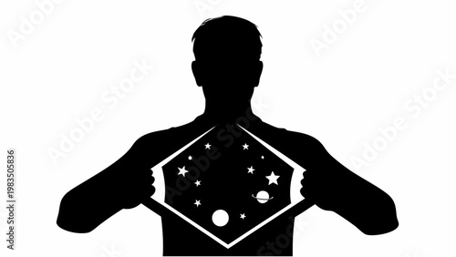 Person opening chest like a door revealing stars and planets inside body symbolizing inner world or universe concept