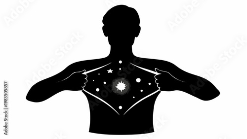 Person opening chest like a door revealing stars inside body symbolizing inner self and emotions