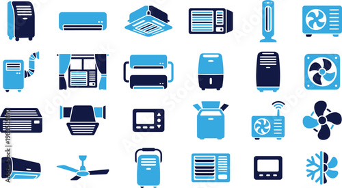 Set of blue and dark blue air conditioning and fan icons.