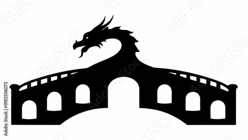 Mythical dragon silhouette on ancient bridge structure with arches on white background for design and decoration