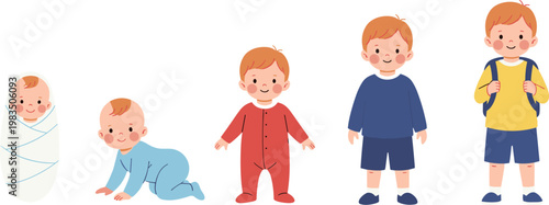 Illustration Set Depicting Child's Growth Stages from Infant to Toddler in Various Outfits and Poses