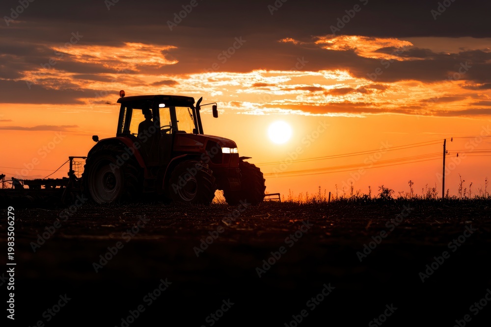 Obraz premium Silhouette of a tractor in a field at sunset, agricultural machinery working on farmland during golden hour.