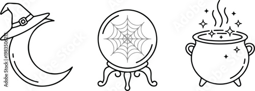 Halloween magic icon set. Minimalist vector illustration of a crescent moon with witch hat, crystal ball with spider web, and a magic cauldron with stars.