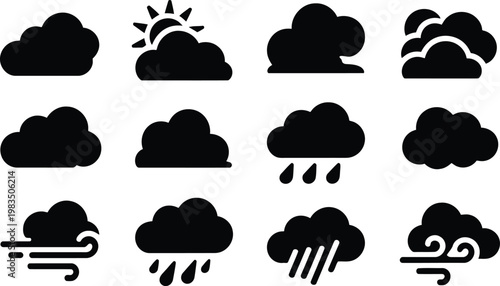 Weather icons set clouds sun rain wind and stormy conditions