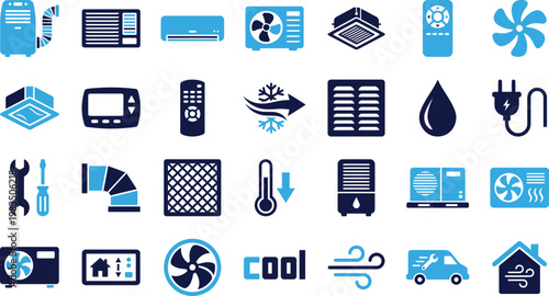 Air conditioning unit icons set for cooling system repair and maintenance.