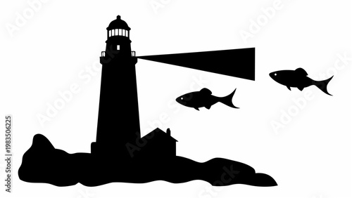 Silhouette of a lighthouse with light beam shining over two fish swimming in the sea on a white background