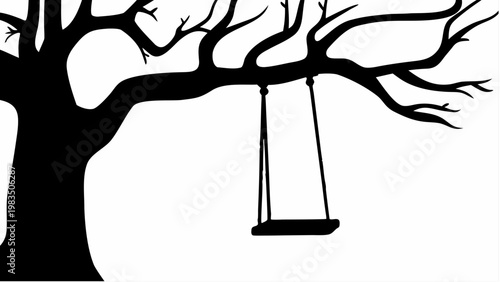 Serene tree silhouette with empty swing hanging from moonlit branch evoking peaceful night atmosphere and carefree childhood nostalgia
