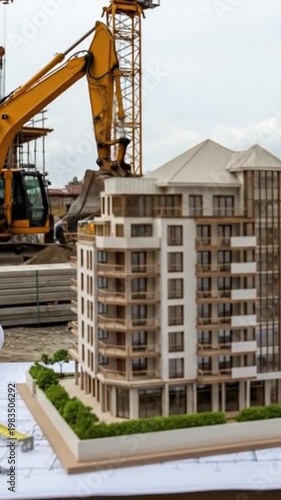 Architectural model of a modern apartment building with construction equipment in background