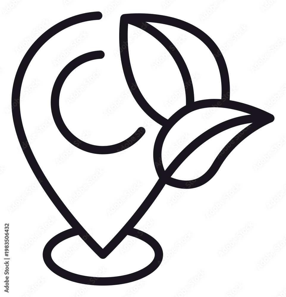 Naklejka premium Minimalist black line vector icon of a map location pin combined with two organic leaves, symbolizing eco-friendly destinations, green spaces, sustainable travel, and environmental conservation.
