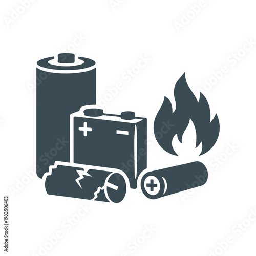 Damaged battery fire hazard warning icon with cracked lithium cell and flames