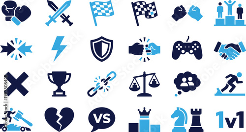 Competition and gaming icons set blue and white vector icons for sport and gaming.