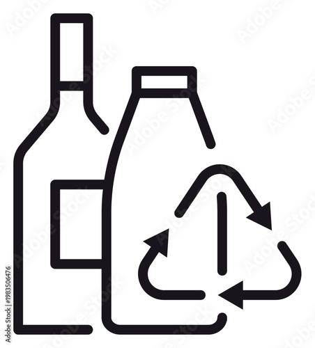 Recycling bottles vector icon illustration featuring a glass wine bottle and a plastic container with a recycle symbol, representing environmental sustainability, waste management, and eco-friendly