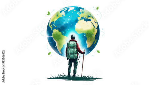 A man with a backpack stands in front of a large globe