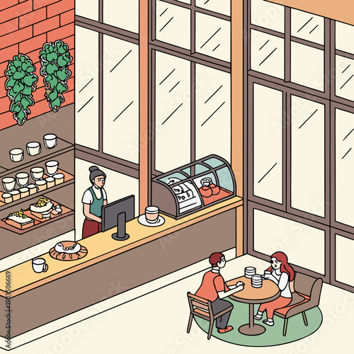 A man and woman sitting at a table in a cafe