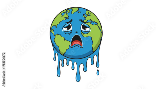 A cartoon illustration of the Earth with a worried expression melting