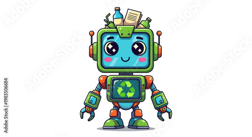 A cartoon robot with a recycling symbol on its chest holding various recyclable materials