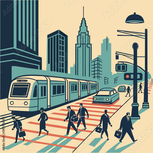 A city street with a train and people walking