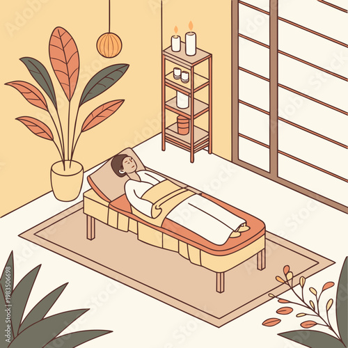 A woman lying on a massage table in a spa