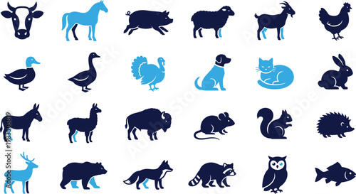 Set of blue and navy farm and domestic animals silhouettes on white background.