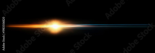 Abstract glowing light streak lens flare with cinematic beam effect on dark background, digital optical flare overlay for motion graphics, video editing, futuristic visuals and creative design.