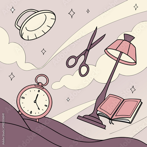 A still life with a clock, scissors, lamp, and open book
