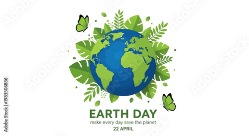 A vibrant illustration of the Earth surrounded by green leaves and butterflies on Earth Day