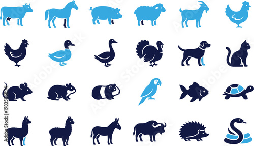 Assortment of blue and dark blue animal figures on white background.