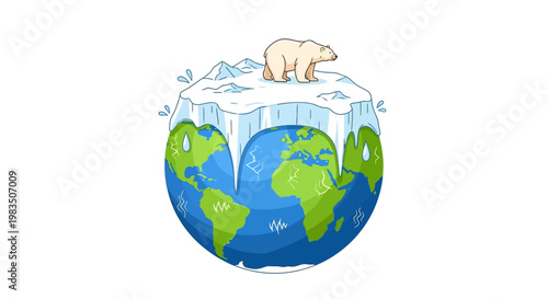 A polar bear stands on melting ice over the Earth