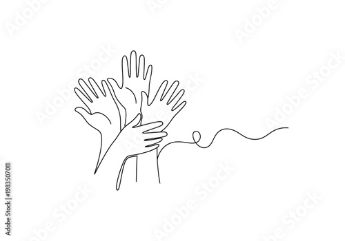 Continuous line drawing of multiple hands reaching up representing unity and community