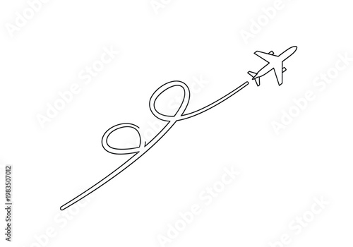 Continuous line drawing of an airplane flying in the sky with a loopy smoke trail