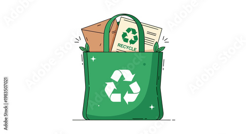 A green reusable bag with a recycling symbol filled with recyclable materials