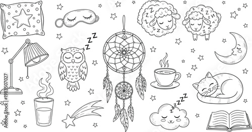 Hand-Drawn Sleep Icons Set with Dreamcatcher, Owl, Coffee, and Sleepy Animals for Rest and Relaxation Themes